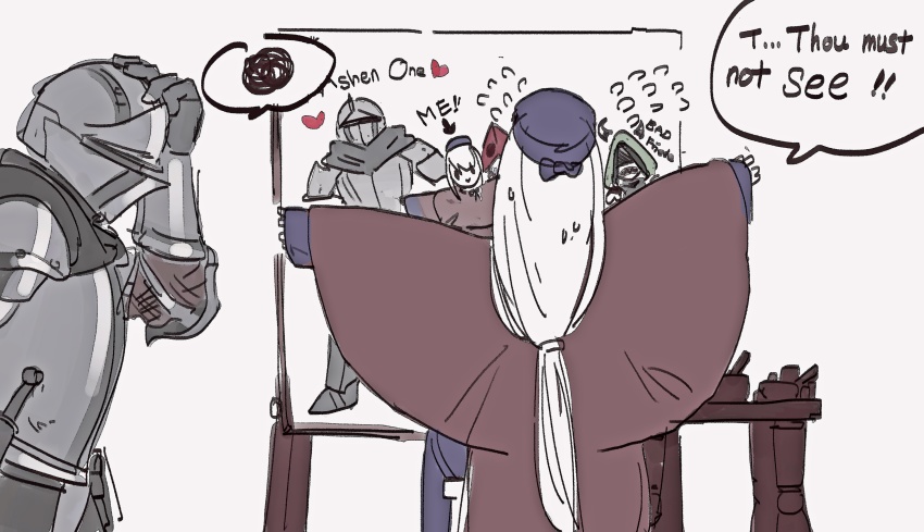 1boy, 1girl, absurdres, arm_up, armor, arrow_(symbol), ashen_one_(dark_souls), blue_headwear