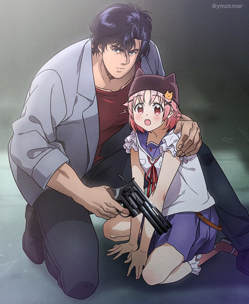 1boy, 1girl, animal_hat, black_pants, blue_sailor_collar, blue_skirt, city_hunter, commentary_request