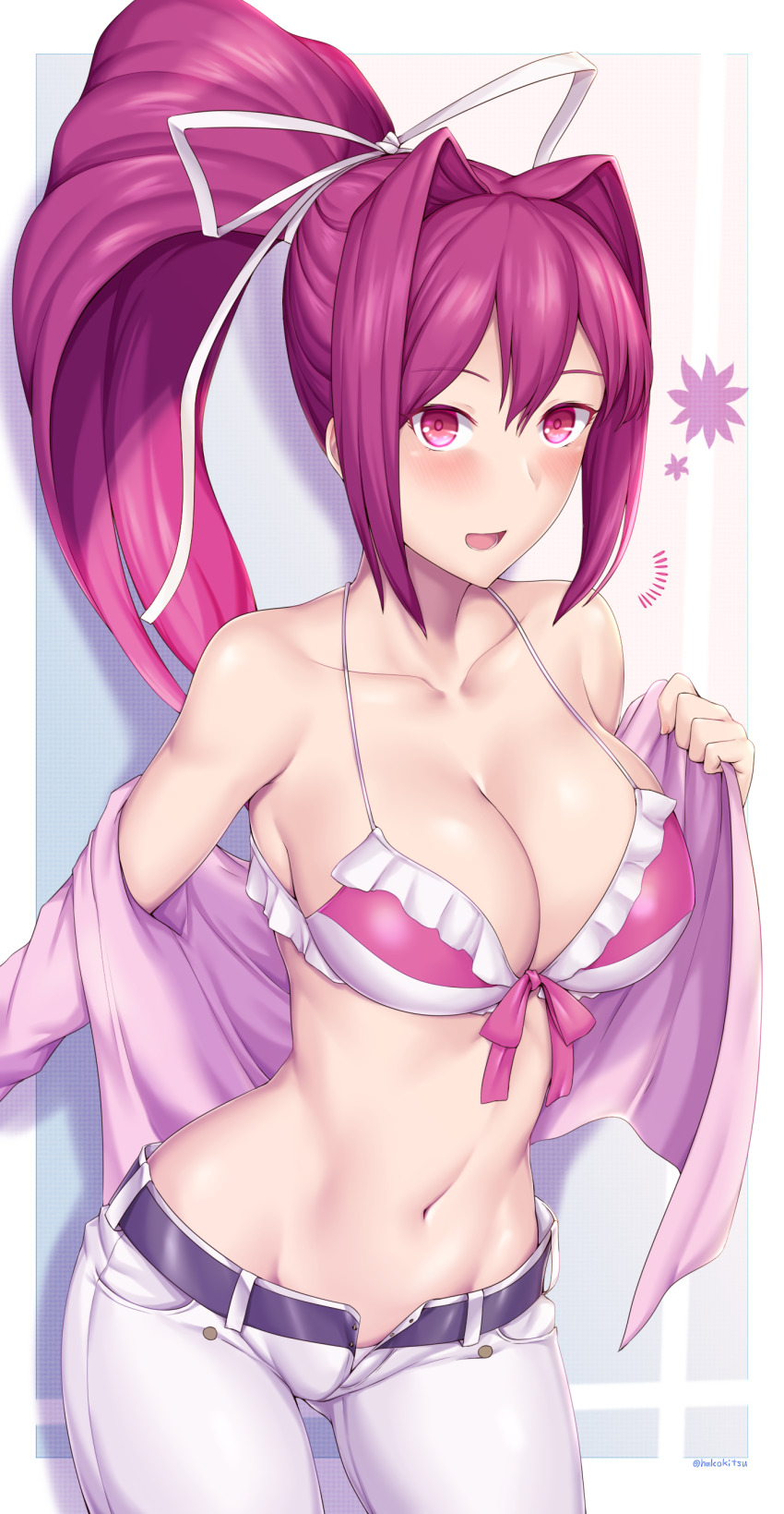1girl, :d, absurdres, bare_shoulders, bikini, bikini_top_only, blue_background, blush, breasts, capri_pants, cleavage, collarbone, commentary_request, cowboy_shot, dropping, front-tie_bikini_top, front-tie_top, gluteal_fold, groin, hair_between_eyes, hair_intakes, hair_ribbon, high_ponytail, highres, large_breasts, long_hair, looking_at_viewer, midriff, navel, notice_lines, open_fly, open_mouth, pants, pink_bikini, pink_shirt, ponytail, purple_hair, red_eyes, ribbon, shirt, sidelocks, smile, solo, soukitsu, standing, swimsuit, twitter_username, under_night_in-birth, undressing, very_long_hair, white_pants, yuzuriha_(under_night_in-birth)