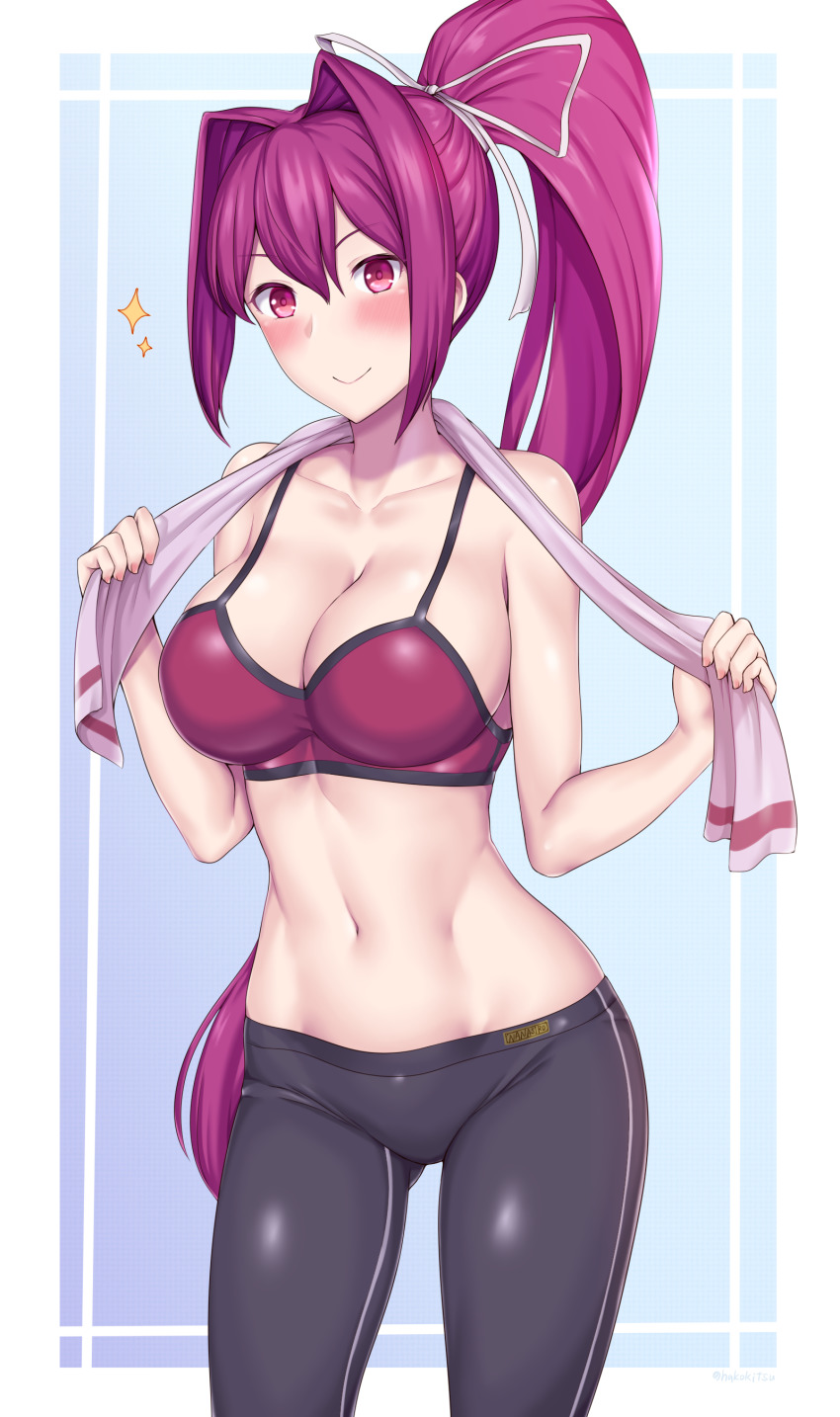 1girl, :>, absurdres, adapted_costume, bare_shoulders, black_pants, blue_background, blush, breasts, cleavage, collarbone, commentary_request, cowboy_shot, gluteal_fold, groin, hair_between_eyes, hair_intakes, hair_ribbon, highres, holding, holding_towel, large_breasts, long_hair, looking_at_viewer, midriff, navel, pants, ponytail, purple_hair, red_eyes, red_sports_bra, ribbon, sidelocks, simple_background, smile, solo, soukitsu, sparkle, sports_bra, standing, tight_clothes, tight_pants, towel, towel_around_neck, twitter_username, under_night_in-birth, very_long_hair, yuzuriha_(under_night_in-birth)