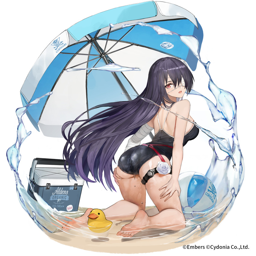 1girl, ash_arms, ass, ball, bare_shoulders, beachball, black_hair, breasts, cleavage, commentary_request, cooler, eyepatch, f4u-1_corsair_(ash_arms), flower, hair_between_eyes, highres, kneeling, long_hair, looking_at_viewer, medium_breasts, nyatabe, official_art, one-piece_swimsuit, open_mouth, red_eyes, rose, sleeveless, solo, swimsuit, water, white_flower, white_rose