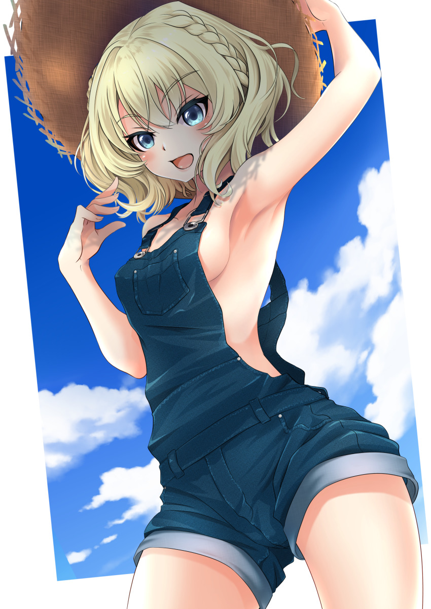 1girl, absurdres, alternate_costume, arm_up, armpits, bare_arms, bare_shoulders, blonde_hair