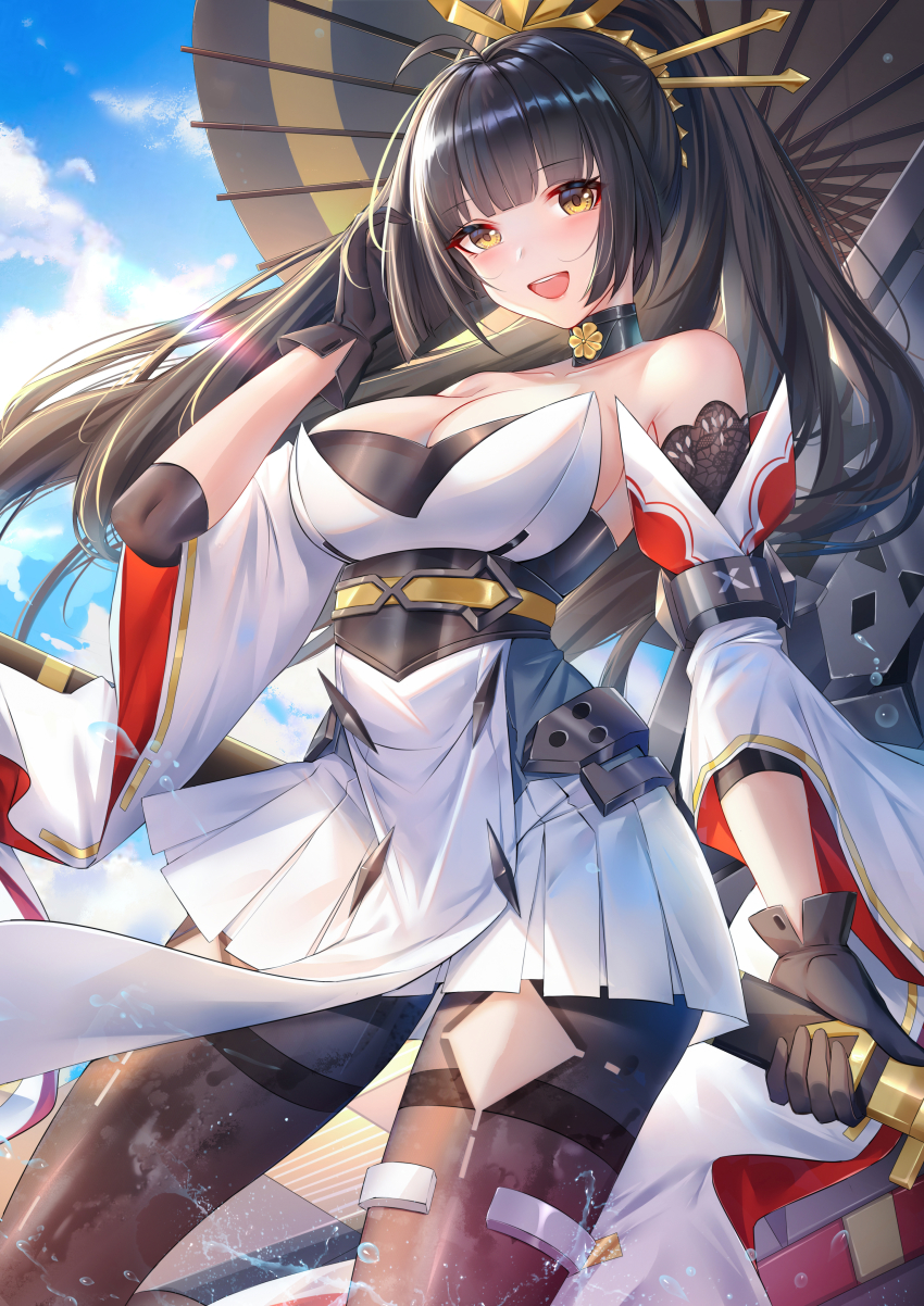 1girl, :d, absurdres, ahoge, akagi_(blue_oath), bare_shoulders, black_gloves, black_hair, black_pantyhose, blue_oath, blue_sky, blunt_bangs, breasts, cleavage, cloud, commentary_request, contrapposto, detached_collar, detached_sleeves, dress, elbow_pads, gloves, hair_ornament, hand_in_own_hair, high_ponytail, highres, holding, holding_sword, holding_weapon, japanese_clothes, jewelry, katana, large_breasts, long_hair, looking_at_viewer, no_bra, obi, oil-paper_umbrella, open_mouth, pantyhose, pelvic_curtain, pleated_skirt, ponytail, revision, rigging, sash, sheath, sheathed, skirt, sky, smile, solo, standing, sword, teeth, thighband_pantyhose, thighlet, umbrella, underbust, upper_teeth_only, water_drop, weapon, white_dress, wide_sleeves, wu_ganlan_cai, yellow_eyes