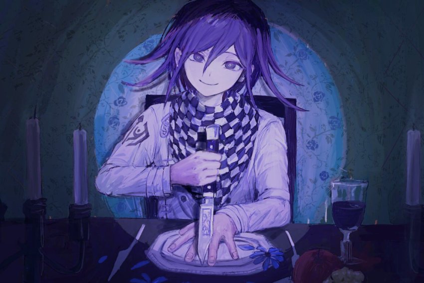 1boy, ako_(td110349-7517), apple, bad_id, bad_twitter_id, candle, chair, checkered_clothes, checkered_scarf, cup, danganronpa_(series), danganronpa_v3:_killing_harmony, drinking_glass, food, fruit, hair_between_eyes, holding, holding_knife, knife, knife_game, long_sleeves, male_focus, oma_kokichi, plate, purple_eyes, purple_hair, scarf, sitting, smile, solo, straitjacket, table, wine_glass