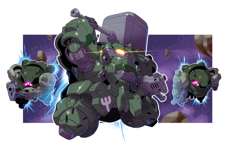 chibi, flying, glowing, glowing_eye, gun, gundam, gundam_gusion, gundam_tekketsu_no_orphans