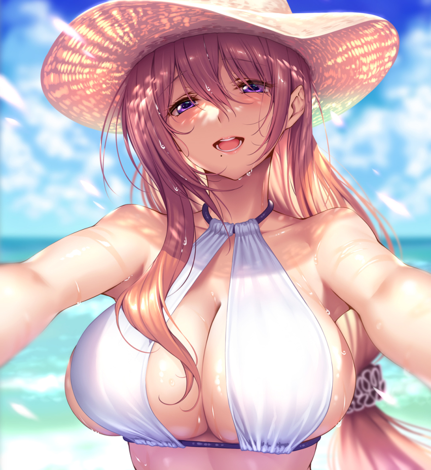 1girl, :d, beach, bikini, blurry, blurry_background, blush, breasts