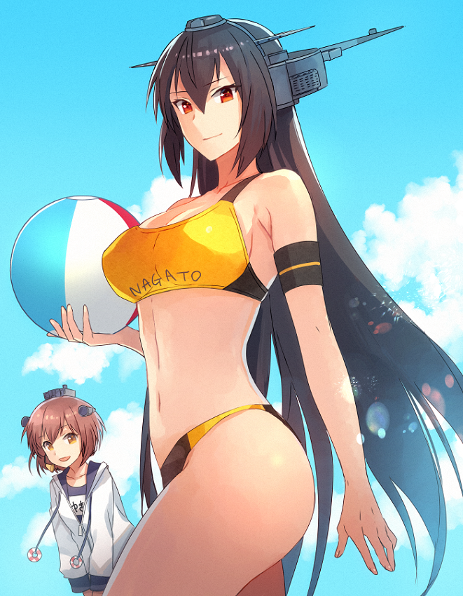 2girls, ball, beachball, bikini, black_hair, black_one-piece_swimsuit, breasts, brown_eyes