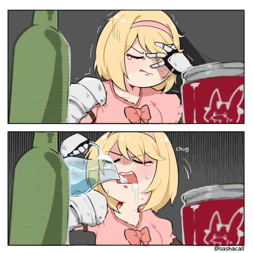 1girl, blonde_hair, bow, can, djeeta_(granblue_fantasy), drinking, closed_eyes, facepalm