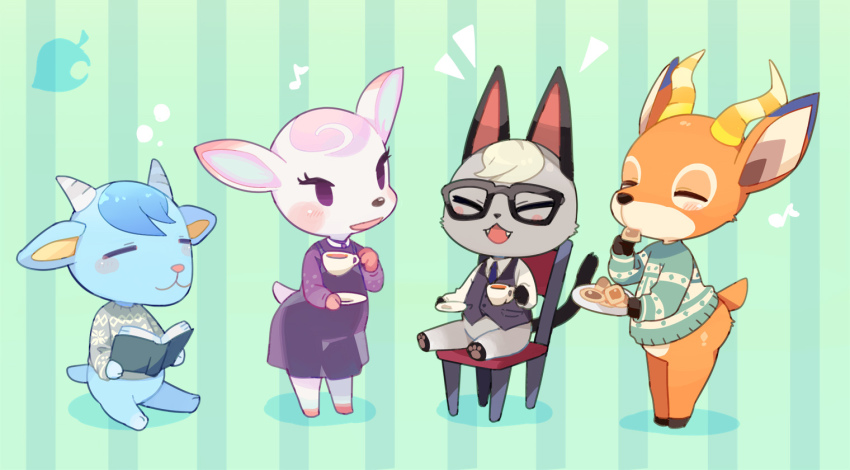 1girl, 3boys, :3, animal_crossing, animal_ears, animal_hands, barefoot, beau_(animal_crossing)
