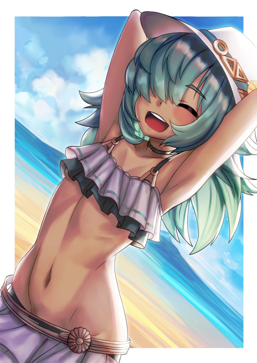 1girl, absurdres, armpits, arms_up, beach, bikini, closed_eyes, dark-skinned_female