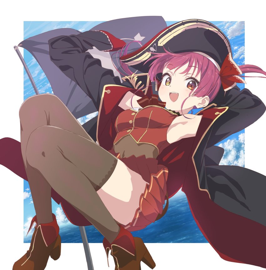 1girl, :d, armpits, arrow_through_heart, bicorne, black_coat, black_hat, black_thighhighs