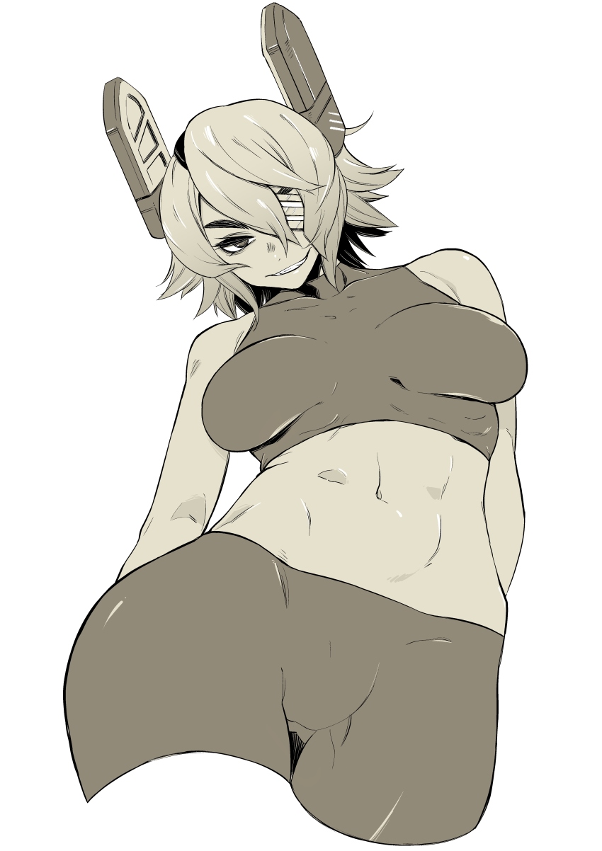 1girl, absurdres, arms_behind_back, bike_shorts, breasts, cowboy_shot, eyepatch, grin