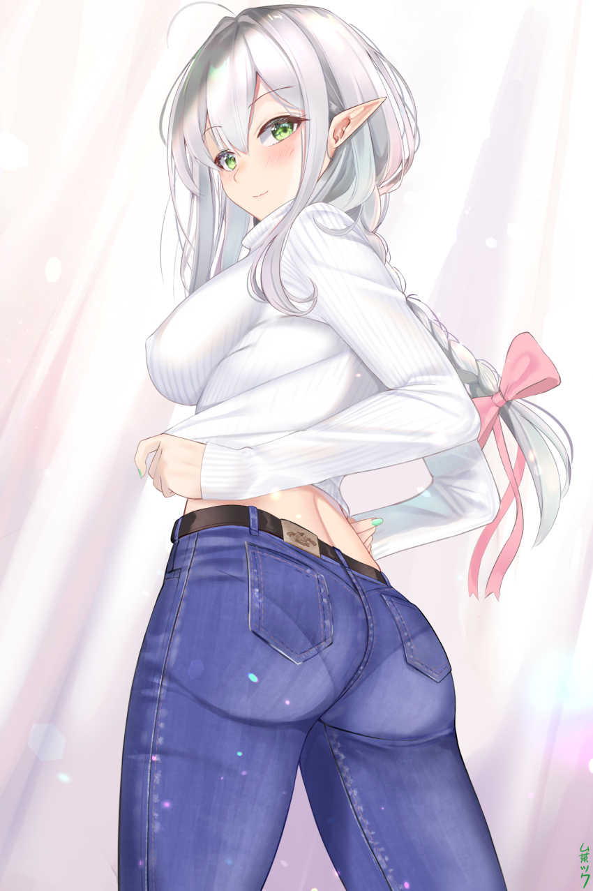 1girl, ass, belt, blush, bow, braid, breasts, closed_mouth, covered_erect_nipples, denim, elf, green_eyes, hair_between_eyes, hair_bow, hair_ornament, highres, jeans, large_breasts, long_hair, looking_at_viewer, looking_back, muka_tsuku, nail_polish, original, panties_through_clothes, pants, pantylines, pointy_ears, revision, silver_hair, smile, solo, sweater