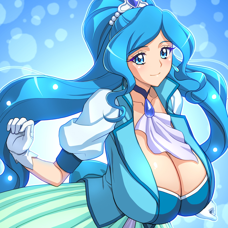 1girl, blue_background, blue_dress, blue_eyes, blue_hair, blue_vest, blush, breasts