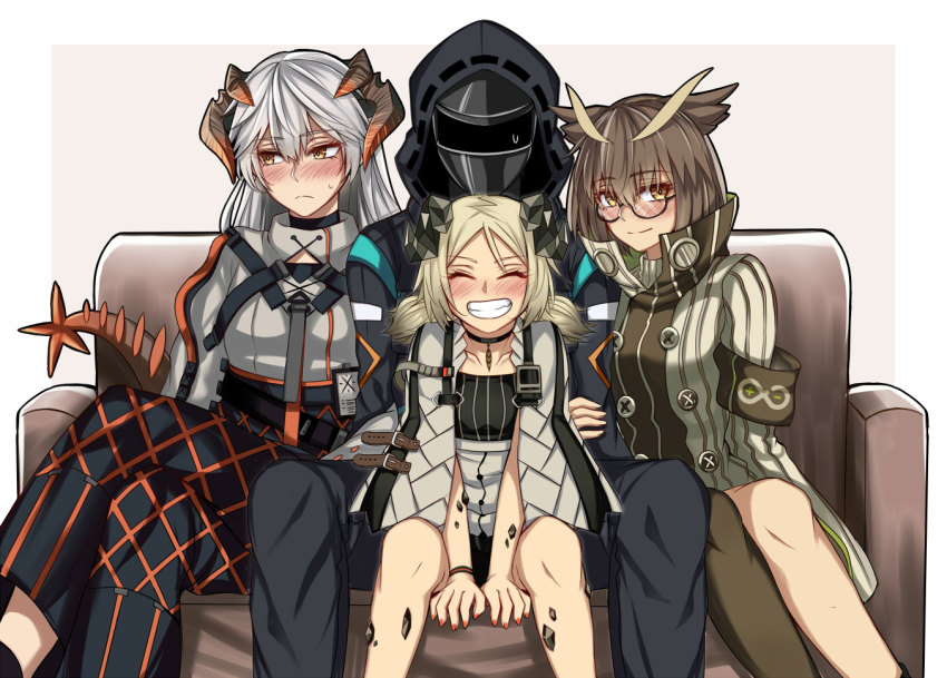 1other, 3girls, ambiguous_gender, arknights, artist_request, blonde_hair, blush, brown_hair, couch, demon_horns, doctor_(arknights), dragon_horns, dragon_tail, feather_hair, glasses, happy, hood, horns, ifrit_(arknights), material_growth, multiple_girls, oripathy_lesion_(arknights), owl_ears, rhine_lab_family_(arknights), saria_(arknights), silence_(arknights), silver_hair, smile, tail