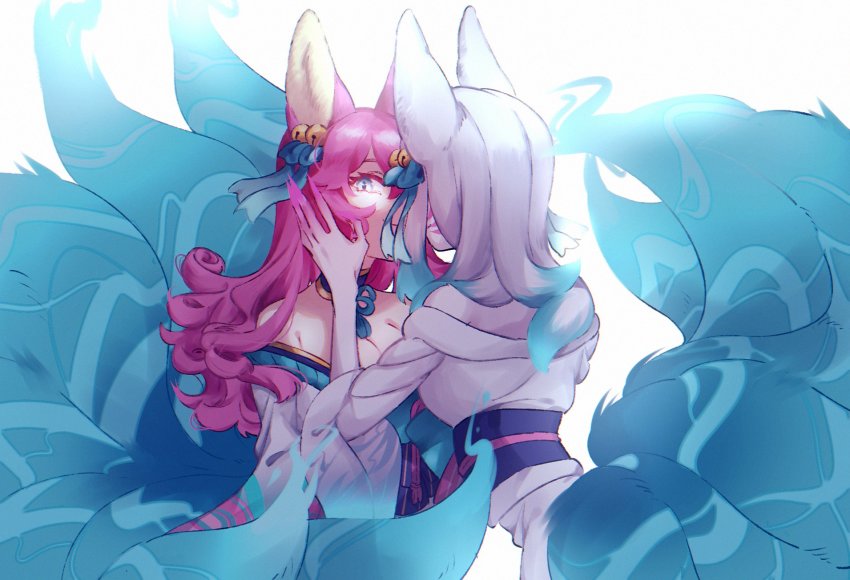 2girls, 34_lol7, ahri_(league_of_legends), animal_ears, bad_id, bad_twitter_id, bare_shoulders, bell, blue_eyes, blue_hair, breasts, cleavage, closed_mouth, dual_persona, facial_mark, fingernails, fox_ears, fox_girl, fox_tail, hair_bell, hair_ornament, hand_on_another's_face, highres, japanese_clothes, kimono, kyuubi, league_of_legends, long_fingernails, long_hair, looking_at_viewer, multicolored_hair, multiple_girls, multiple_tails, pale_skin, pink_hair, sharp_fingernails, simple_background, smile, spirit_blossom_ahri, tail, very_long_fingernails, whisker_markings, white_background, white_hair, yuri