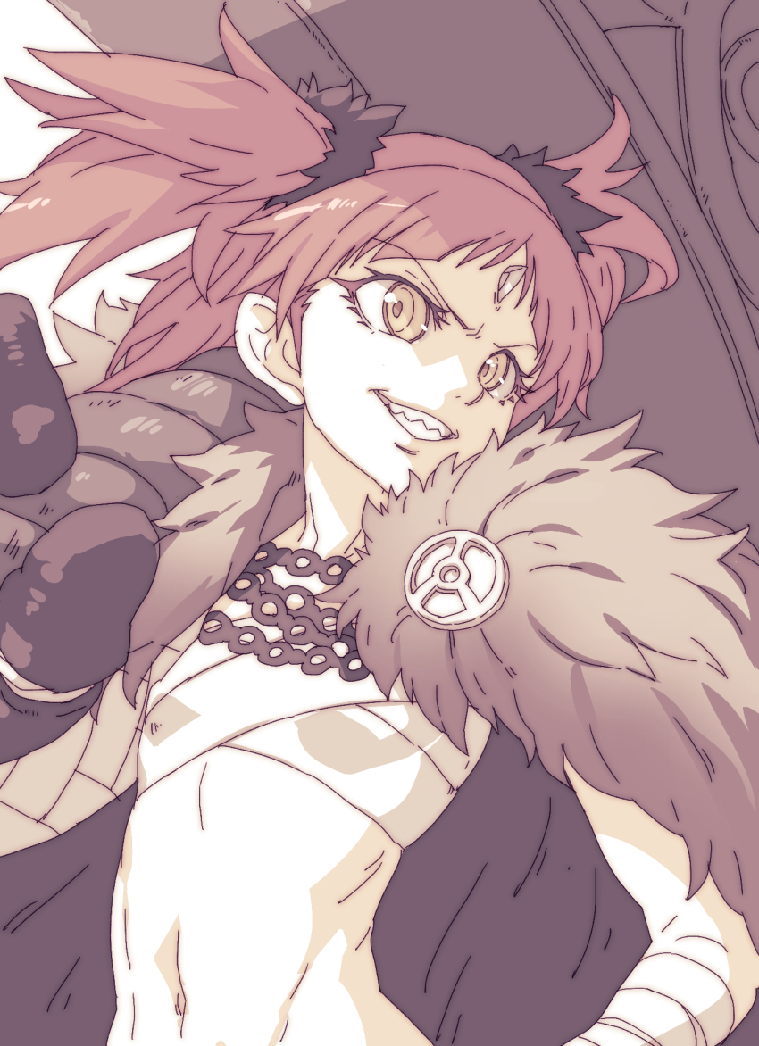 1girl, bandaged_arm, bandages, beatrice_flowerchild, beatrice_flowerchild_(berserker_install), chain, fate/kaleid_liner_prisma_illya, fate_(series), flat_chest, hair_ornament, hair_scrunchie, hammer, hand_on_own_hip, highres, holding, holding_weapon, horns, huge_weapon, looking_at_viewer, navel, oversized_forearms, oversized_limbs, red_hair, sarashi, scrunchie, sharp_teeth, simple_background, single_horn, smile, solo, tasaka_shinnosuke, teeth, two_side_up, upper_body, war_hammer, weapon, white_background, yellow_eyes