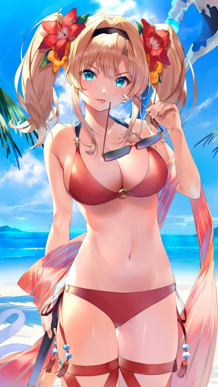 1girl, :p, absurdres, beach, bikini, blonde_hair, blue_eyes, blush, breasts, cleavage, day, unworn_eyewear, flower, granblue_fantasy, groin, hair_flower, hair_intakes, hair_ornament, hairband, halterneck, highres, holding, holding_removed_eyewear, large_breasts, long_hair, looking_at_viewer, navel, nezumidoshi, o-ring, o-ring_bikini, outdoors, red_bikini, sidelocks, solo, stomach, sunglasses, swimsuit, thighs, tongue, tongue_out, twintails, zeta_(granblue_fantasy), zeta_(summer)_(granblue_fantasy)