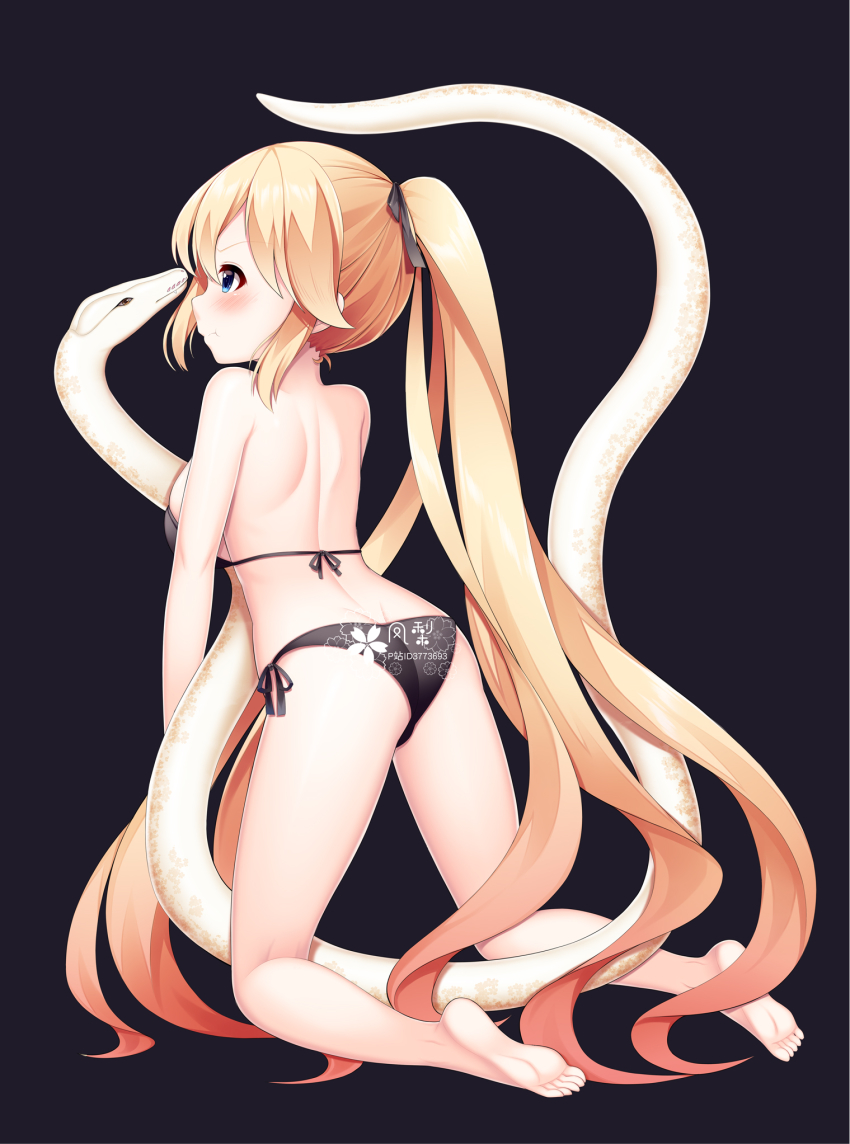1girl, :t, animal, archerfish_(warship_girls_r), ass, bare_arms, bare_legs, bare_shoulders