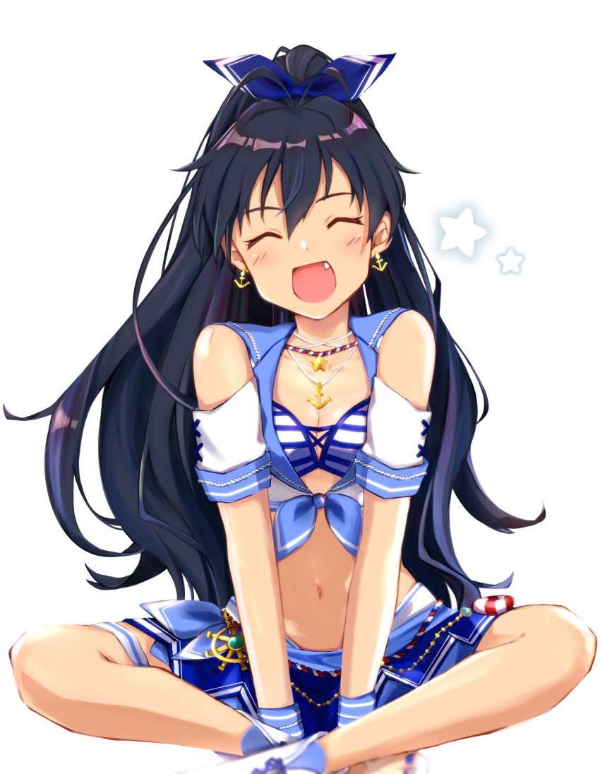 1girl, anchor_earrings, anchor_necklace, antenna_hair, bare_shoulders, black_hair, blue_eyes, blue_ribbon