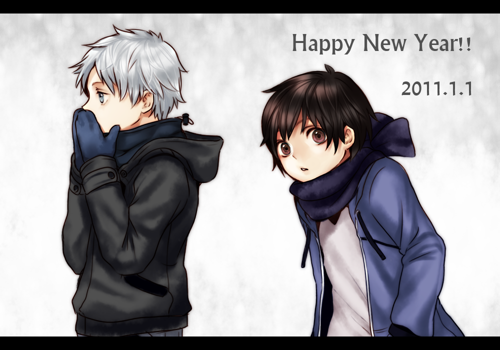 2boys, black_hair, blue_eyes, brown_eyes, coat, darren_shan, hood, letterboxed