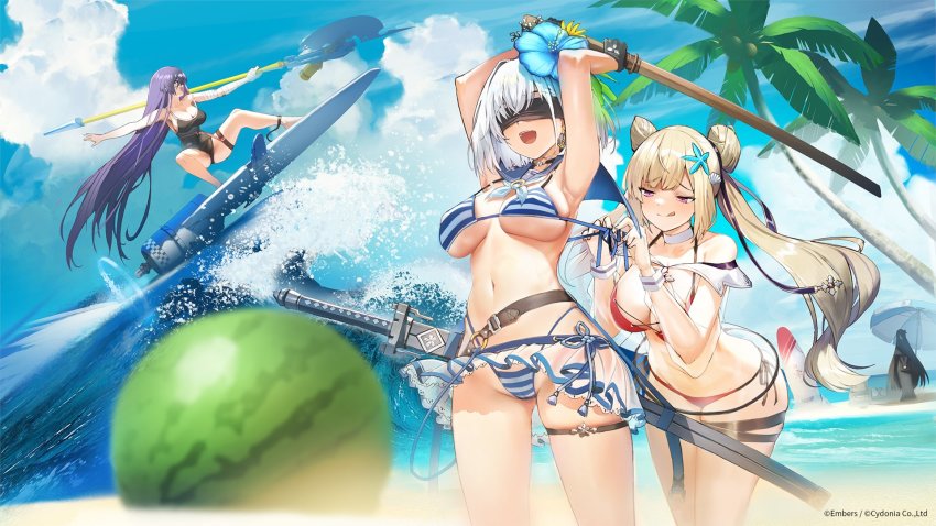 4girls, :q, a6m_zero_(ash_arms), alternate_costume, ash_arms, beach, bikini, black_one-piece_swimsuit, blindfold, blonde_hair, blurry, blurry_foreground, blush, breasts, cleavage, cloud, commentary_request, day, depth_of_field, detached_collar, double_bun, f4u-1_corsair_(ash_arms), flower, food, fruit, fw190_(ash_arms), groin, hair_bun, hair_flower, hair_ornament, hair_ribbon, highleg, highleg_bikini, highres, holding, holding_weapon, long_hair, multiple_girls, navel, official_art, one-piece_swimsuit, open_mouth, outdoors, p-61a_black_widow_(ash_arms), palm_tree, pink_eyes, purple_hair, red_bikini, ribbon, riding, sailor_collar, see-through_clothes, short_hair, silver_hair, siqi_(miharuu), skindentation, skirt, sky, smile, starfish_hair_ornament, striped_bikini, striped_clothes, suikawari, summer, swimsuit, thigh_strap, thighs, tongue, tongue_out, tree, twintails, untying, watermelon, waves, weapon