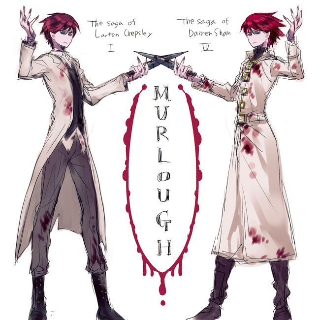 2boys, blood, blood_on_clothes, boots, character_name, coat, colored_skin, dual_persona