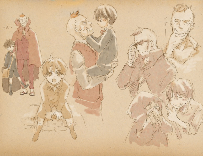 3boys, black_hair, cape, cloak, darren_shan, closed_eyes, formal_clothes, graphite_(medium)