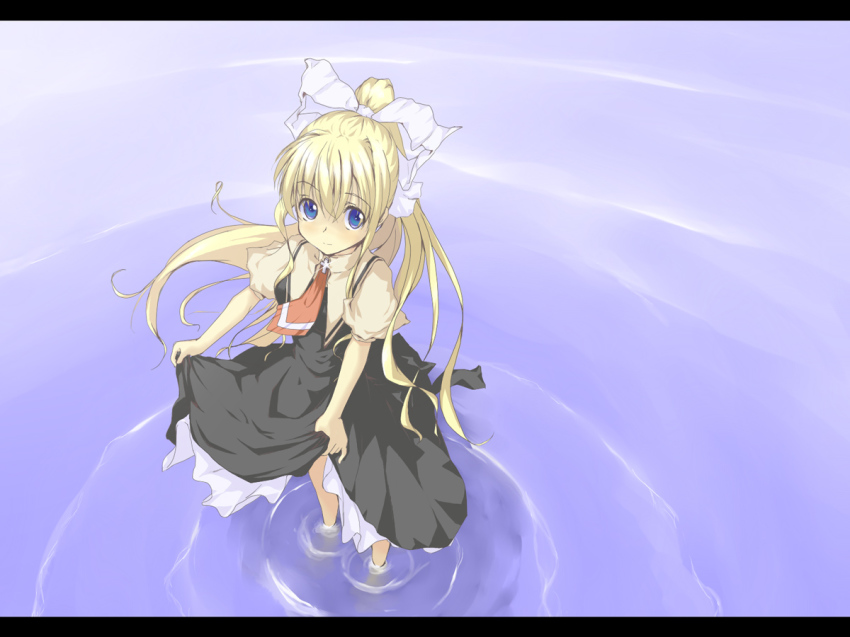 00s, 1girl, air_(visual_novel), blonde_hair, blue_eyes, clothes_lift, dress, dress_lift