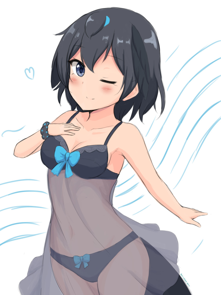 1girl, ;), absurdres, bare_shoulders, black_hair, black_panties, blue_bow, blue_eyes