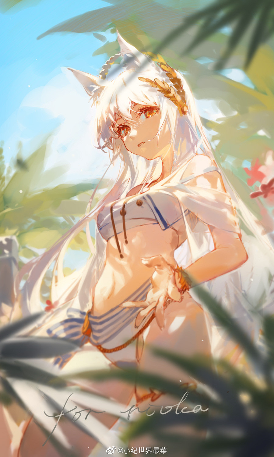 1girl, animal_ear_fluff, animal_ears, arknights, bad_link, bad_weibo_link, bare_shoulders, bikini