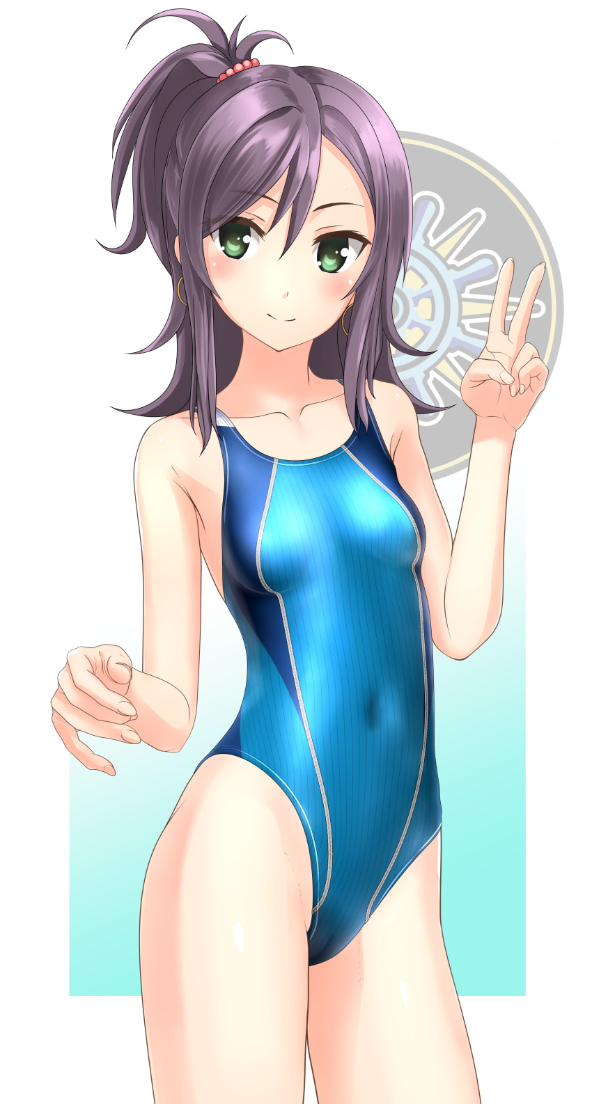 1girl, absurdres, badge, blue_background, blue_one-piece_swimsuit, breasts, collarbone, competition_swimsuit