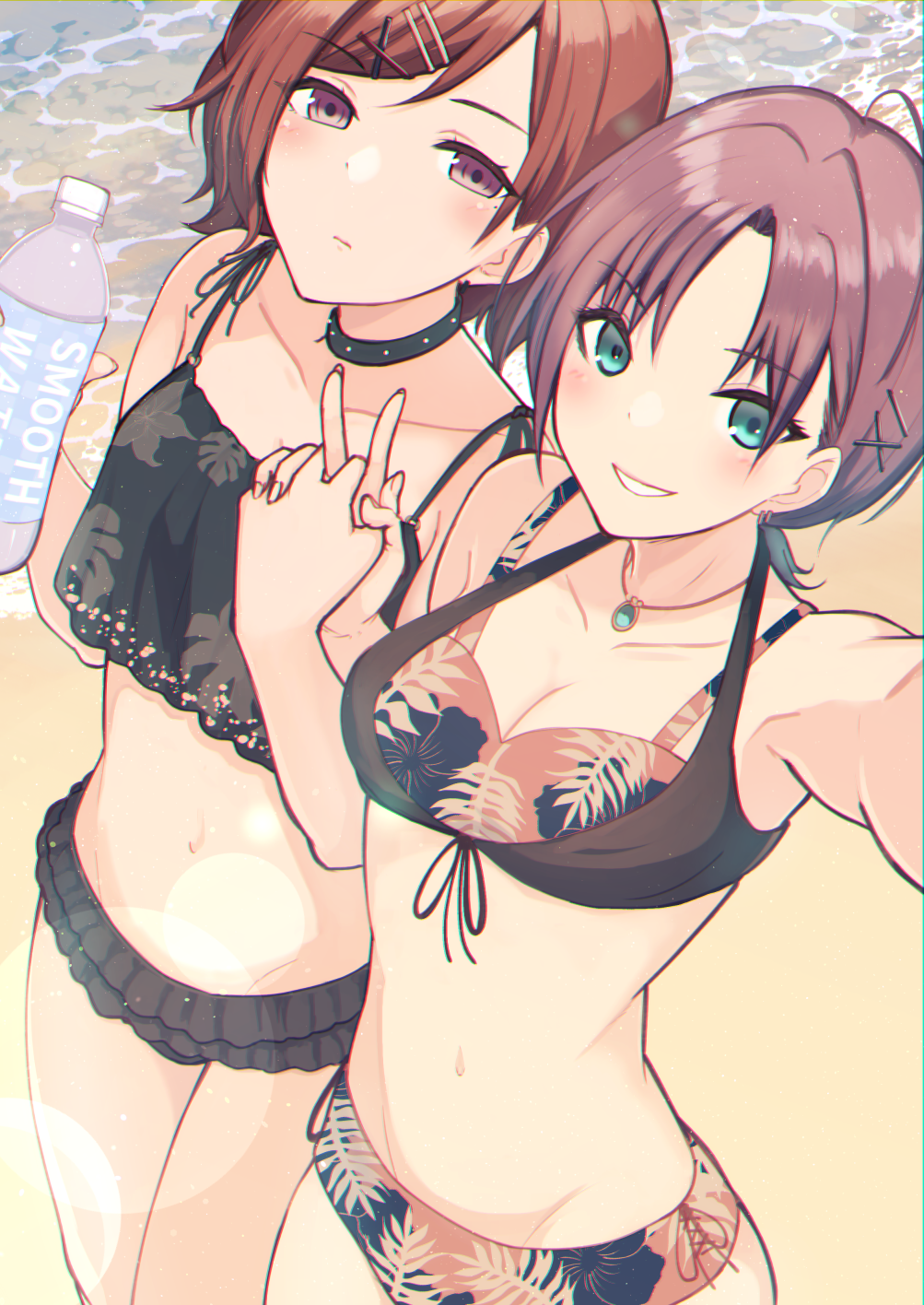 2girls, :d, antenna_hair, aqua_eyes, asakura_toru, beach, bikini, black_bikini, blush, bottle, breasts, choker, cleavage, closed_mouth, collarbone, cross-laced_bikini, cross-laced_bikini_bottom, cross-laced_clothes, ear_piercing, floral_print, frilled_bikini, frills, front-tie_bikini_top, front-tie_top, hair_ornament, hairclip, halterneck, highres, higuchi_madoka, holding, holding_bottle, holding_hands, houmatu_awa, idolmaster, idolmaster_shiny_colors, jewelry, layered_bikini, leaf_print, looking_at_viewer, medium_breasts, mole, mole_under_eye, multicolored_hair, multiple_girls, navel, necklace, noctchill_(idolmaster), ocean, open_mouth, outdoors, outstretched_arm, parted_bangs, piercing, purple_eyes, red_hair, sand, short_hair, sleeveless, small_breasts, smile, swimsuit, tankini, two-tone_hair, v, water, x_hair_ornament