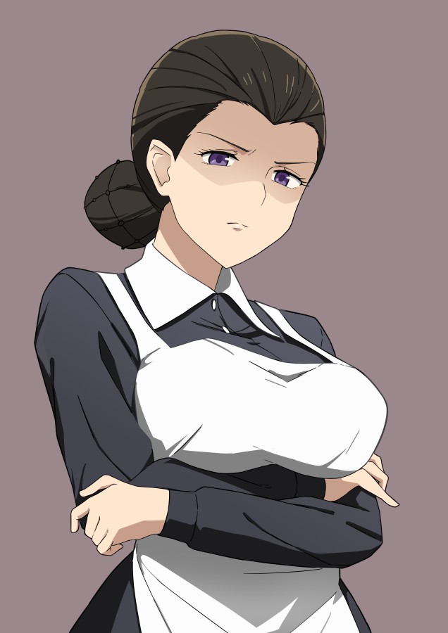 1girl, apron, black_shirt, breast_lift, brown_background, crossed_arms, frown, hair_bun, hair_pulled_back, isabella_(yakusoku_no_neverland), lizta, long_sleeves, looking_at_viewer, purple_eyes, shirt, simple_background, single_hair_bun, solo, standing, upper_body, yakusoku_no_neverland