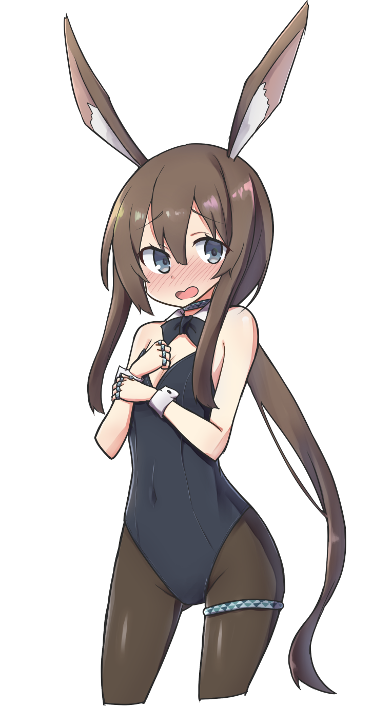 1girl, amiya_(arknights), animal_ears, arknights, bare_shoulders, black_bow, black_bowtie, black_leotard, blush, bow, bowtie, breasts, brown_hair, commentary_request, detached_collar, fake_animal_ears, grey_eyes, hair_between_eyes, highres, jewelry, leotard, long_hair, looking_at_viewer, multiple_rings, open_mouth, pantyhose, playboy_bunny, ponytail, rabbit_ears, rabbit_girl, ring, simple_background, small_breasts, solo, standing, thigh_strap, toro_th, very_long_hair, white_background, wrist_cuffs