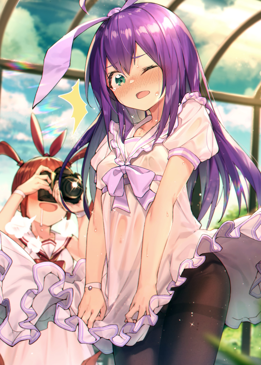 2girls, @_@, ^^^, absurdres, animal_ears, aqua_eyes, arms_up, black_legwear