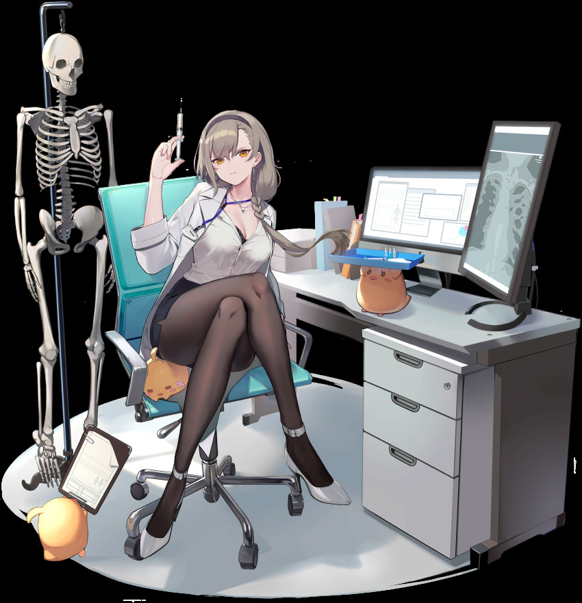 1girl, artist_request, azur_lane, baby_animal, bird, black_skirt, breasts, brown_pantyhose