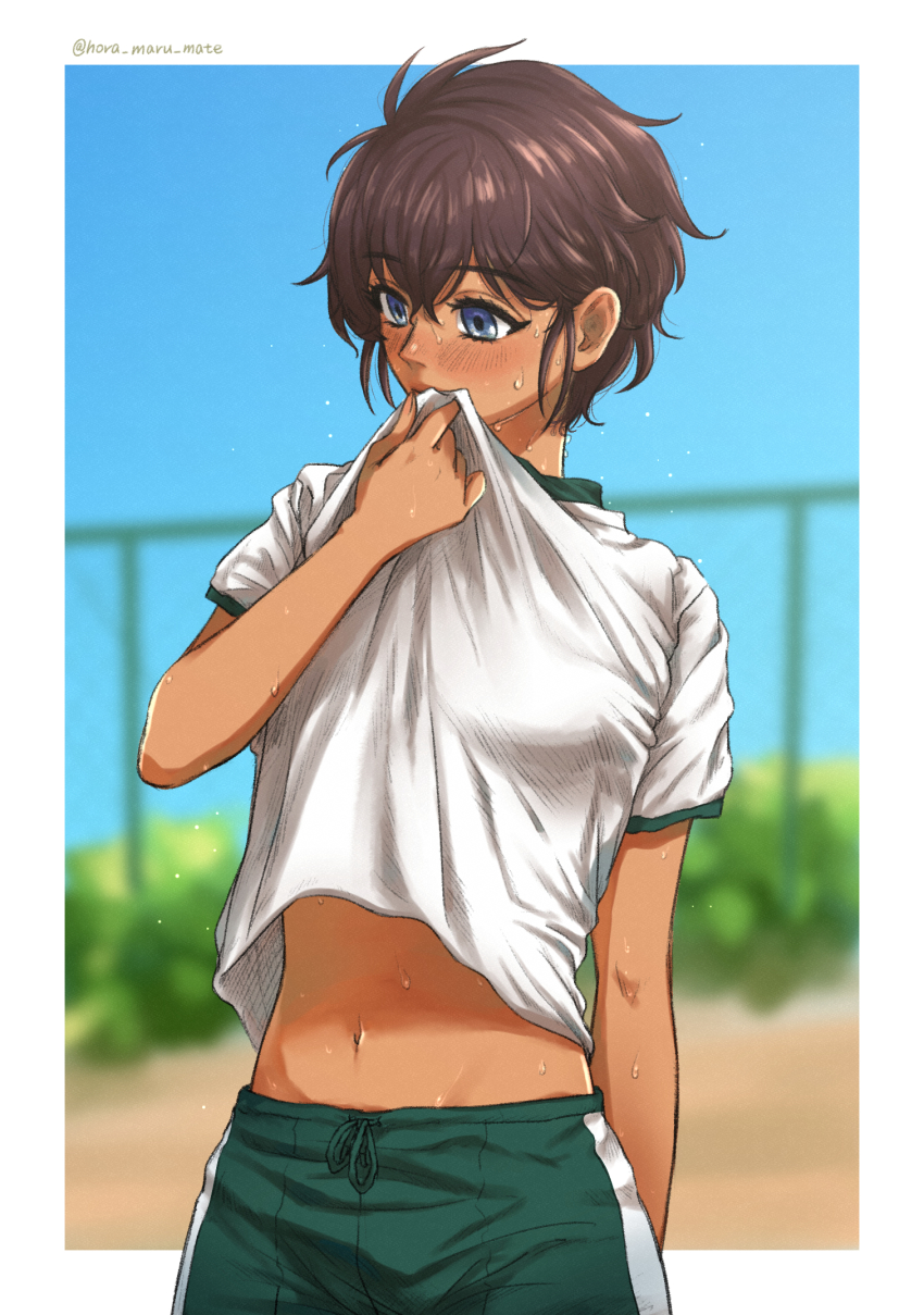 1girl, blush, brown_hair, commentary, dark-skinned_female, dark_skin, girls_und_panzer, green_shorts, gym_uniform, highres, hora_maru_mate, looking_down, midriff, navel, shirt, short_hair, shorts, solo, suzuki_(girls_und_panzer), sweat, white_shirt, wiping_sweat, wiping_with_clothes