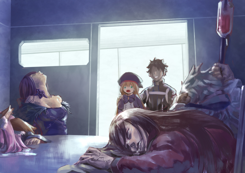 :o, animal_ears, artoria_caster_(fate), artoria_caster_(second_ascension)_(fate), artoria_pendragon_(fate), bags_under_eyes, beret, black_hair, blonde_hair, breasts, cleavage, drooling, fate/grand_order, fate_(series), fox_ears, fujimaru_ritsuka_(male), fujimaru_ritsuka_(male)_(polar_chaldea_uniform), hat, hidden_eyes, impending_doom, intravenous_drip, lord_el-melloi_ii, merlin_(fate), munaage, on_table, pink_hair, purple_hair, scathach-skadi_(fate), scathach-skadi_(first_ascension)_(fate), scathach_(fate), table, tamamo_no_mae_(fate), unconscious, waver_velvet, white_hair