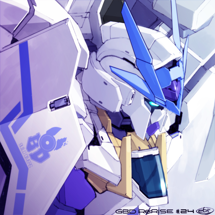 blue_eyes, commentary_request, copyright_name, ebikawa_kanetake, emblem, english_text, episode_number, group_name, gundam, gundam_00_sky_moebius, gundam_build_divers, gundam_build_divers_re:rise, highres, insignia, logo, mecha, no_humans, official_art, robot, signature, upper_body