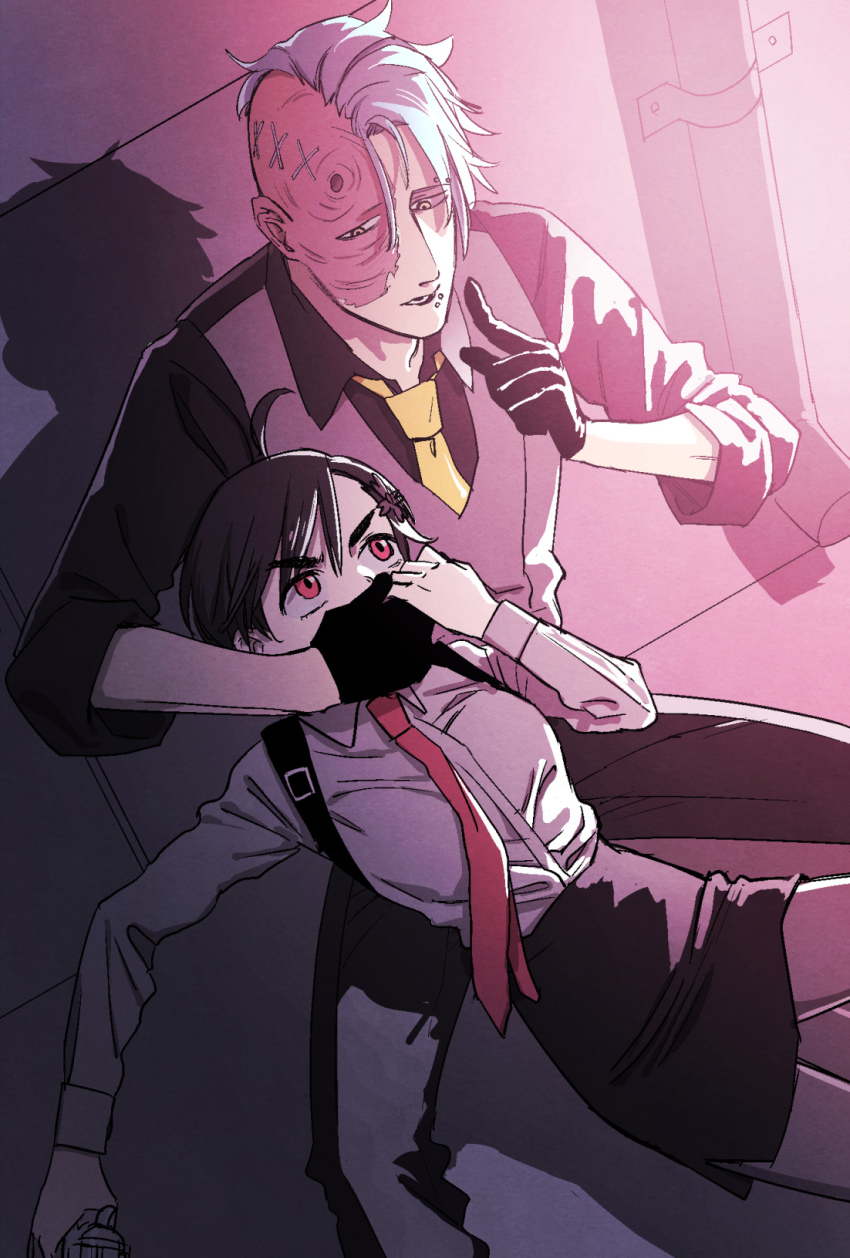 1boy, 1girl, ahoge, asymmetrical_hair, black_gloves, black_hair, black_pants, black_shirt, black_skirt, blouse, blue_hair, covering_another's_mouth, fukuda_tamotsu, gagged, gloves, grey_vest, gun, hand_gagged, hand_over_another's_mouth, highres, hondoumachi_koharu, id_:_invaded, industrial_pipe, kinakkon, long_sleeves, necktie, pants, pencil_skirt, piercing, red_eyes, red_neckwear, scar, shadow, shirt, short_hair, sitting, skirt, stitches, vest, weapon, yellow_neckwear