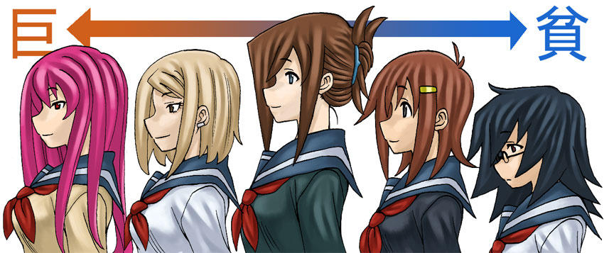 5girls, black_eyes, black_hair, blonde_hair, blue_eyes, brown_hair, bust_chart, chart