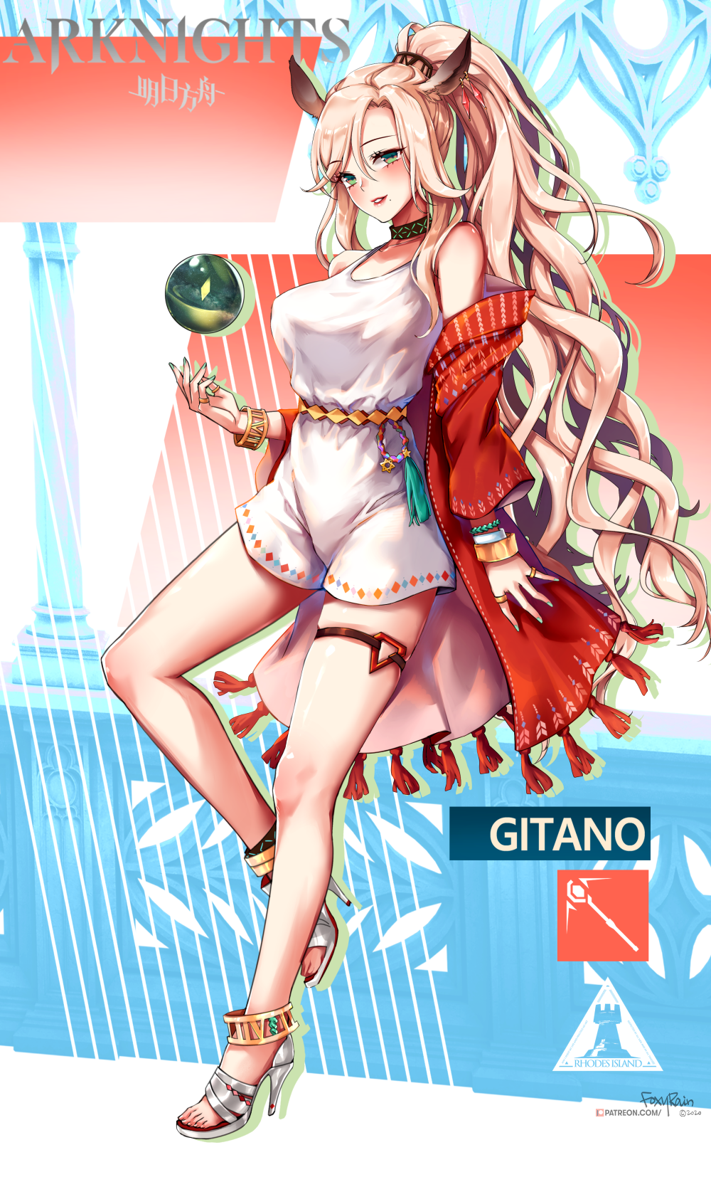 1girl, alternate_hairstyle, animal_ears, arknights, bare_legs, bare_shoulders, black_choker, blush, bracelet, breasts, character_name, choker, commentary_request, copyright_name, crystal_ball, deer_ears, foxyreine, full_body, gitano_(arknights), gitano_(unknown_journey)_(arknights), green_eyes, green_nails, grin, high_heel_sandals, high_heels, highres, jacket, jewelry, large_breasts, lipstick, long_hair, looking_at_viewer, makeup, mole, mole_under_mouth, nail_polish, off_shoulder, official_alternate_costume, open_clothes, open_jacket, parted_lips, partial_commentary, ponytail, red_jacket, red_lips, ring, sandals, silver_hair, smile, solo, thigh_strap, thighs, thumb_ring, very_long_hair