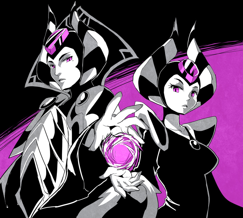 2girls, armor, bad_id, bad_pixiv_id, black_dress, breasts, dress, enchantress_(shovel_knight)