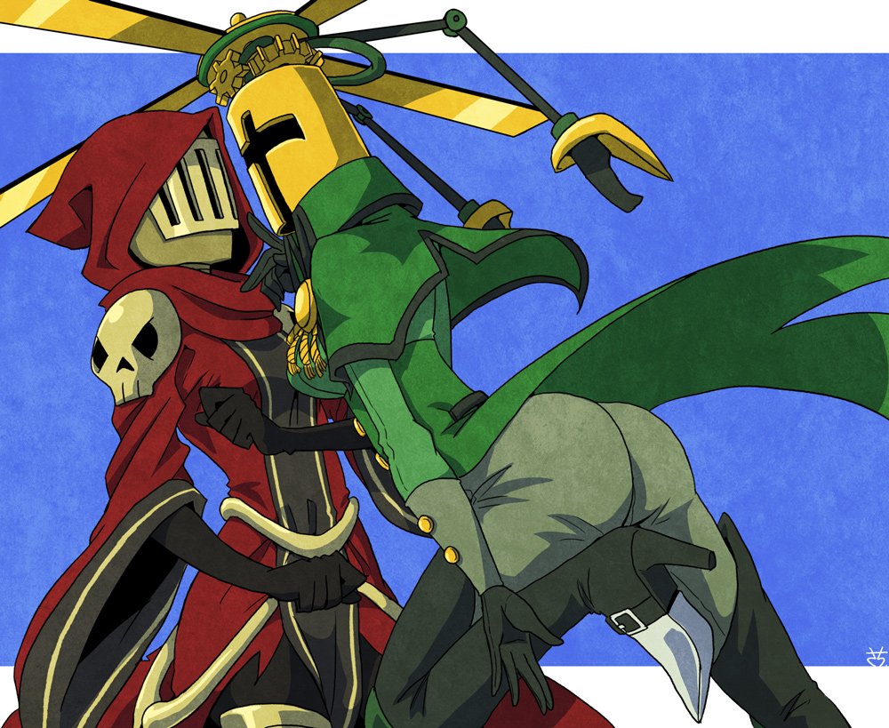 2girls, armor, ass, bad_id, bad_pixiv_id, black_gloves, blue_background, breasts, clenched_hand, cloak, gloves, hand_up, helmet, high_heels, hood, medium_breasts, multiple_girls, petticoat, propeller, propeller_knight, sachy_(sachichy), shovel_knight, skull, specter_knight, standing, vest, wide_sleeves