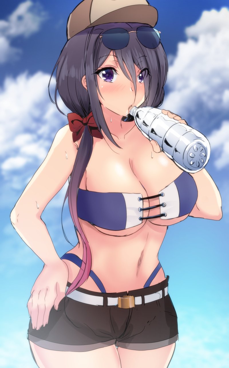 1girl, ariake_(kancolle), ariake_(swimsuit)_(kancolle), baseball_cap, bikini, black_hair, blue_sky, bottle
