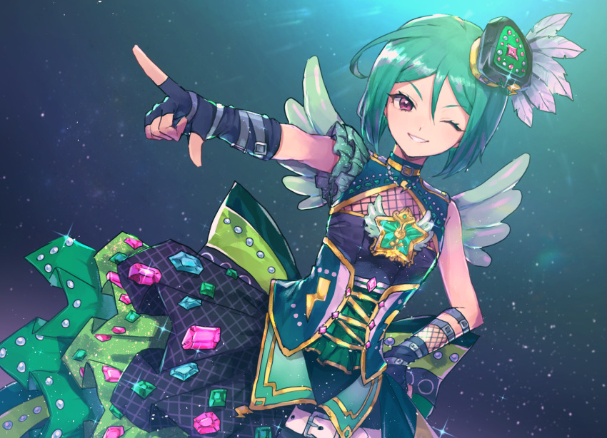 1girl, blush, feathers, fingerless_gloves, gloves, green_hair, hair_between_eyes, hat