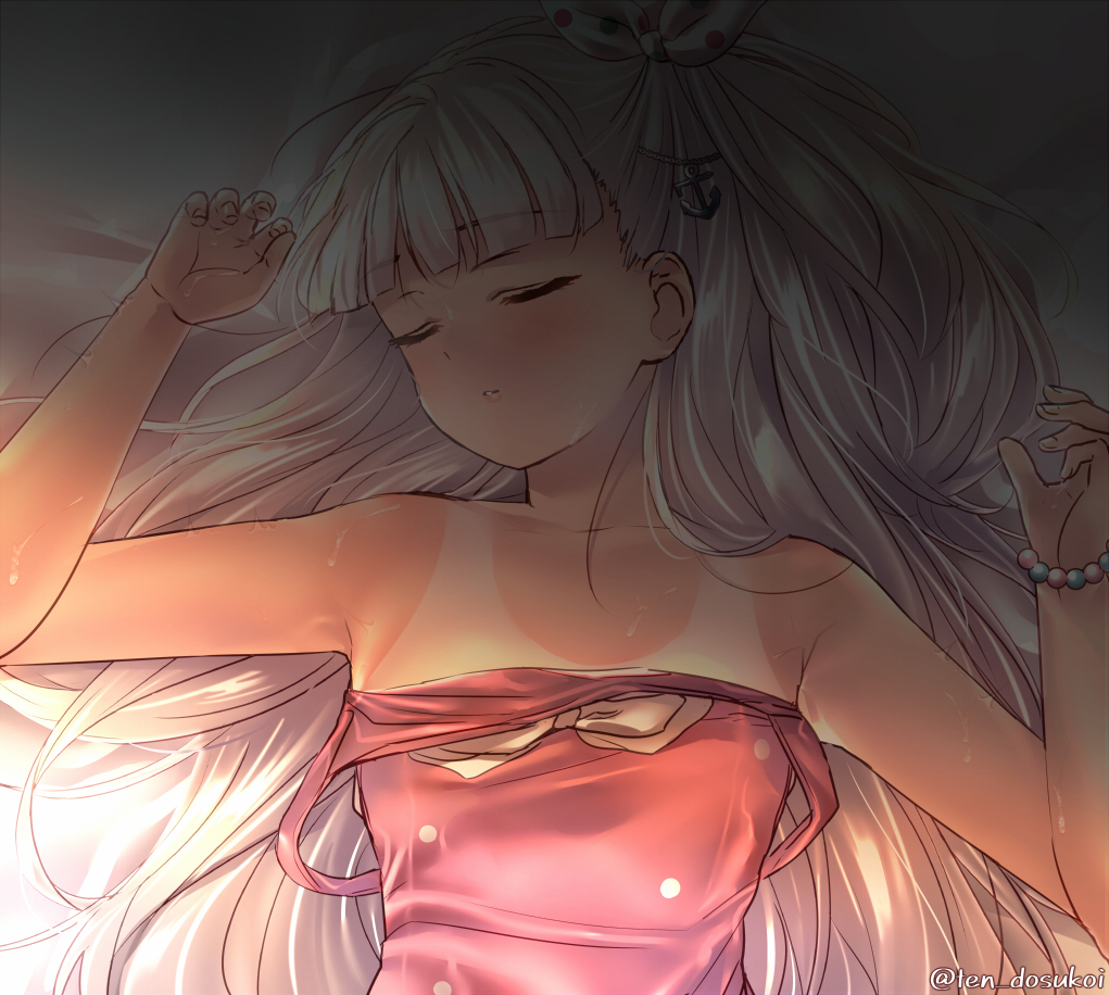 1girl, anchor_hair_ornament, bad_id, bad_pixiv_id, blunt_bangs, blush, bracelet, closed_mouth