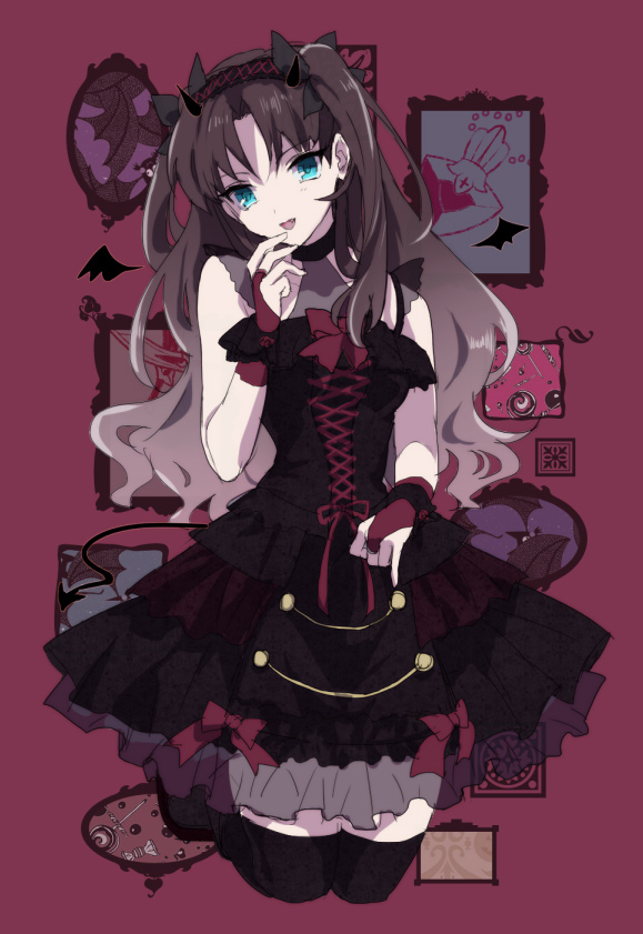 1girl, bad_id, bad_pixiv_id, black_hair, blue_eyes, choker, commentary_request, dress, fate/stay_night, fate_(series), fingerless_gloves, full_body, gloves, hairband, horns, long_hair, looking_at_viewer, open_mouth, sleeveless, solo, thighhighs, tohsaka_rin, yukowa_(kari), zettai_ryouiki