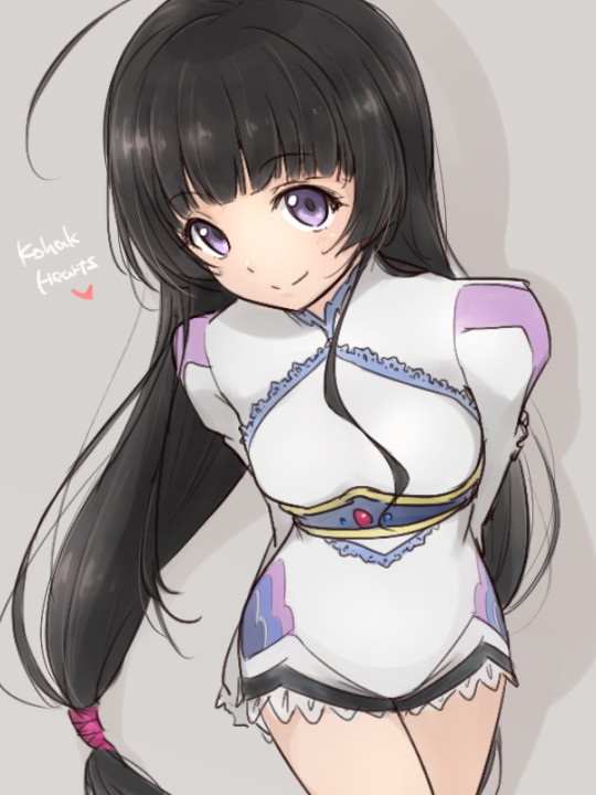1girl, bad_ci-en_id, bad_id, black_hair, breasts, closed_mouth, dress, kiikii_(kitsukedokoro), kohaku_hearts, long_hair, looking_at_viewer, low-tied_long_hair, purple_eyes, simple_background, smile, solo, tales_of_(series), tales_of_hearts, twintails
